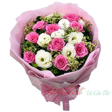 Bó hồng sen và cát tường Mộng Mơ